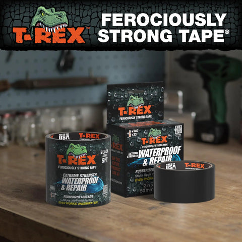 Rugged Heavy Duty Waterproof Repair Tape For Wet And Underwater Surfaces Patch Leaks Indoors Outdoors Black 4 Inch By 5 Foot One Roll With Extra Thick Rubberized Adhesive For Quick Fixes seen in packaging on a workbench.