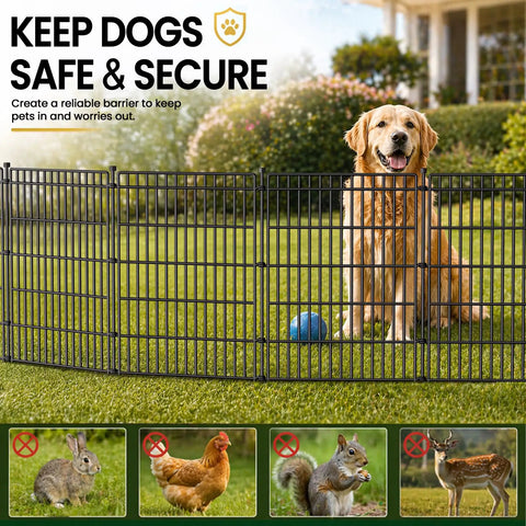 Easy To Install No Dig Garden Fence With Gate 44 Inch High 23.6 Foot Long Decorative Metal Outdoor Dog Fence Rustproof Pet Fencing For Yard Patio Garden Bed Temporary Fence For Pets shown with a golden retriever.
