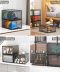 Thick And Sturdy Clear Shoe Storage Organizer With Magnetic Door Built To Last stacked for hats, shoes, cosmetics, and bags