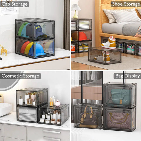 Thick And Sturdy Clear Shoe Storage Organizer With Magnetic Door Built To Last stacked for hats, shoes, cosmetics, and bags