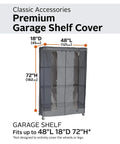 Heavy Duty Garage Shelf Cover With Weather X Fabric on 48W x 18D x 72H shelves showing water-resistant backing and zippers.