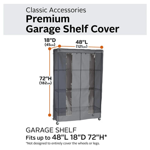 Heavy Duty Garage Shelf Cover With Weather X Fabric on 48W x 18D x 72H shelves showing water-resistant backing and zippers.