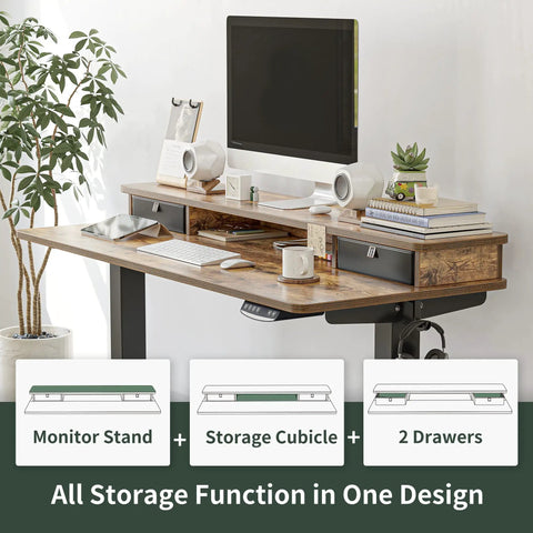 Height Adjustable Electric Standing Desk With Double Drawers And Storage Shelf 48 By 24 Inch Sit Stand Desk In Rustic Brown
