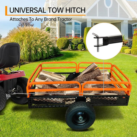 Beefy ATV Dump Cart With 1500 Lbs Capacity attached to tractor, transporting firewood on lawn, showing universal tow hitch.