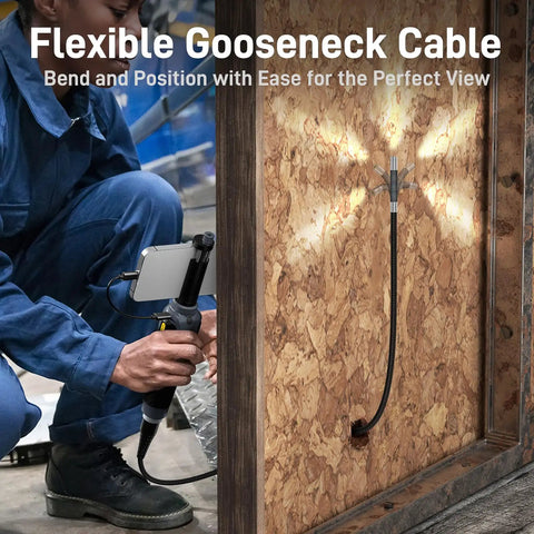 Person using Two-Way Articulating Borescope With Light USB-C Endoscope Inspection Camera through wooden panel hole.