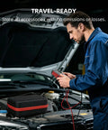 Mechanic using Beast Jump Starter With Air Compressor 160 PSI For Cars 7.0L Gas And 6.0L Diesel under car hood