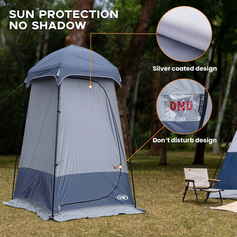 Outdoor Privacy Shower Tent With Dressing Room And Portable Toilet showcasing silver coated and no shadow design features.