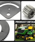 Collage showing Beefed Up Steering Sector Pinion Gear For Lawn Tractors That Fits John Deere models with tractor and gear close-ups.