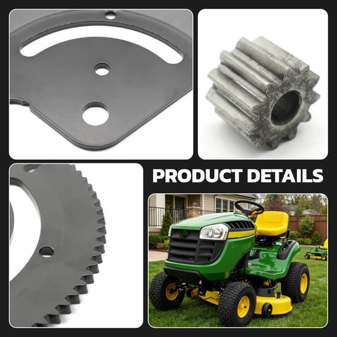 Collage showing Beefed Up Steering Sector Pinion Gear For Lawn Tractors That Fits John Deere models with tractor and gear close-ups.