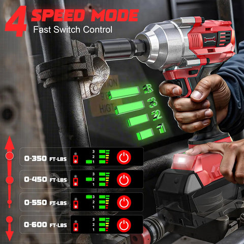 Pro Level Cordless Impact Wrench 3 8 Inch Plays Nice With Milwaukee 18 Volt Batteries showing 4 speed modes and LED indicators.