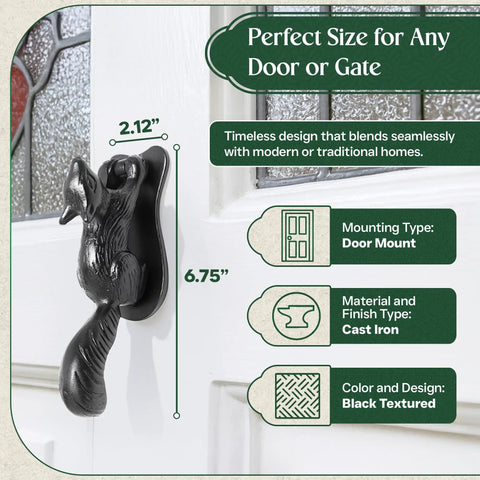 Black Cast Iron Squirrel Shaped Door Knocker With Mounting Hardware, 6.75 Inch Front Door Accessory, Weatherproof Finish Built To Withstand Weather, Adds Rustic Curb Appeal For Nature Lovers mounted on white door