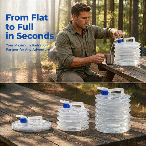 Man using Leakproof Spigot Collapsible Water Container With Handle Accordion Foldable Jug For Camping