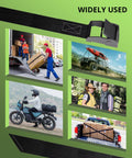 Collage showing uses of 0.75 Inch By 48 Inch Lashing Straps With Cam Buckles for trucks, motorcycles, kayaks, and camping gear.