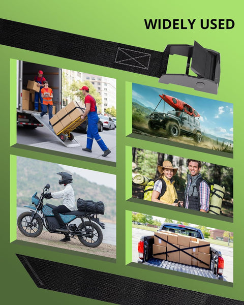 Collage showing uses of 0.75 Inch By 48 Inch Lashing Straps With Cam Buckles for trucks, motorcycles, kayaks, and camping gear.