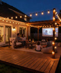 100 Ft Outdoor String Lights With Waterproof G40 Shatterproof LED Bulbs illuminating backyard patio during family movie night