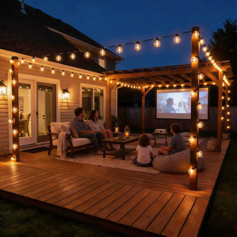 100 Ft Outdoor String Lights With Waterproof G40 Shatterproof LED Bulbs illuminating backyard patio during family movie night