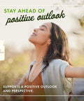 Woman outdoors embracing positive outlook, product bottle illustration; Lithium Orotate Mood And Memory Support For Stress Prone Adults.