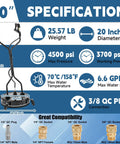 20 Inch Beefy Pro Grade Pressure Washer Surface Cleaner With 4 Wheels And Dual Handle, Up To 4500 PSI specifications display