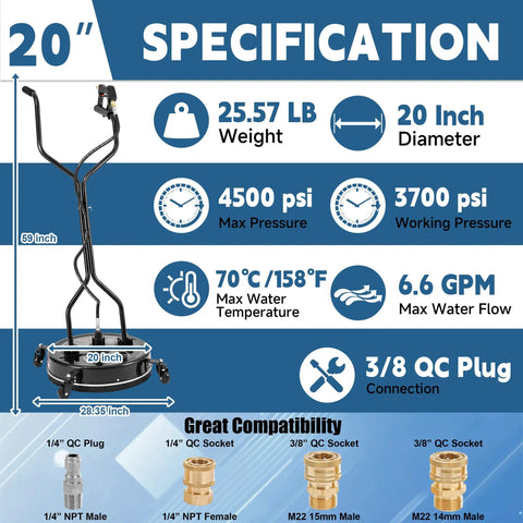 20 Inch Beefy Pro Grade Pressure Washer Surface Cleaner With 4 Wheels And Dual Handle, Up To 4500 PSI specifications display