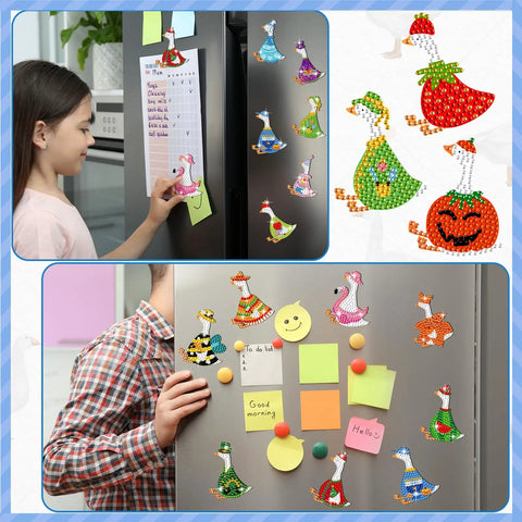Goose Diamond Painting Magnets Set For Fridge 30 Pieces Dope 5D Rhinestone Gem Art Kit displayed on a refrigerator in a home setting.