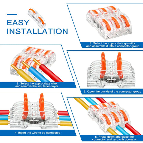 Easy installation guide for Tough Orange Lever Wire Connectors 100 Piece Slick Push Terminal Block Kit for 28 to 12 Gauge.