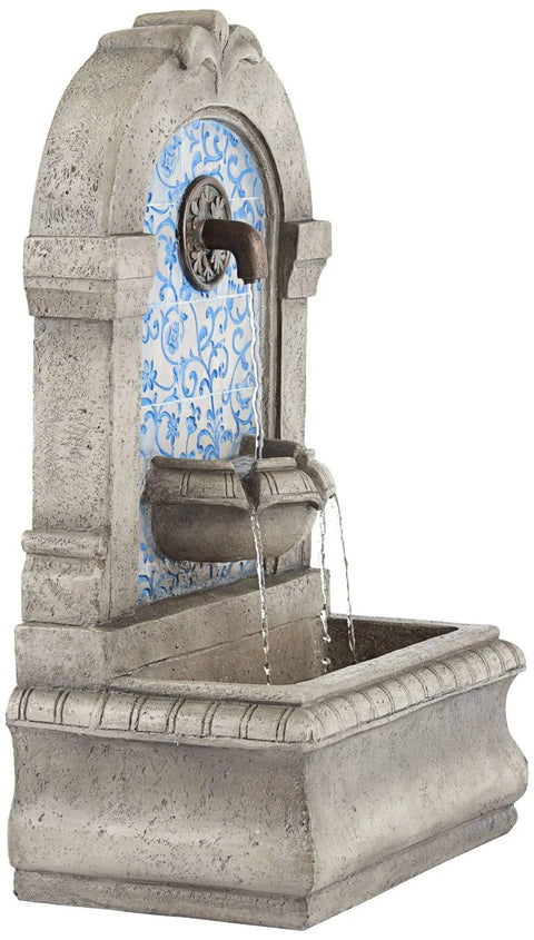 30 1/4 Inch High Outdoor Blue Faux Stone Floor Fountain With Freestanding Waterfall, Tiered Cascading Water Feature