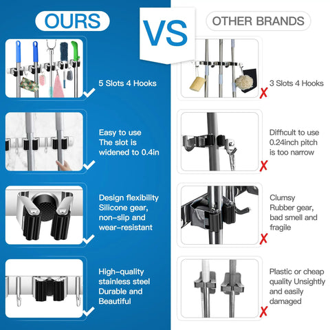 Comparison of Broom And Mop Holder Wall Mount With Five Slots And Four Hooks Self Adhesive Stainless Steel Organizer vs other brands