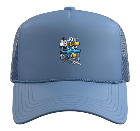 Light Blue Machinist Vise Gauge Square Trucker Hat Perfect For CNC Technicians And Tool Guys With Adjustable Fit And Mesh Back front view with logo.