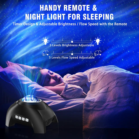 Northern Lights Aurora Projector 4 In 1 Night Light Ambient Galaxy Sky Projector with remote control next to sleeping person