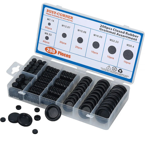 200 Piece Rubber Grommet Set With 7 Sizes For DIY Wiring Electrical And Plumbing Projects, Closed Hole Plugs M7.14 M9.53 M12, product displayed in plastic box