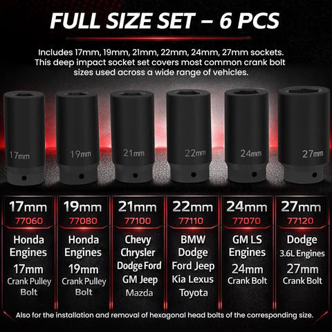 Full size 6-piece set of half inch drive crank bolt socket set 17mm 19mm 21mm 22mm 24mm 27mm for engine repair and pulley service