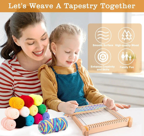 Child using Beginner Friendly Weaving Loom Kit 9 By 11 Inch Wooden Frame Includes Yarn Pack And Tools for Kids and Adults
