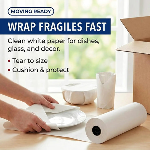 Person wrapping dishes with Bulk Packing Paper Roll 18 Inch By 1400 Feet White Newsprint For Moving, Shipping And Storage.