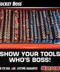 Socket Boss 3 Pack Socket Rail Organizers In Blue For 90 Sockets And 6 Rails arranged in a tool drawer with socket ID stickers visible.