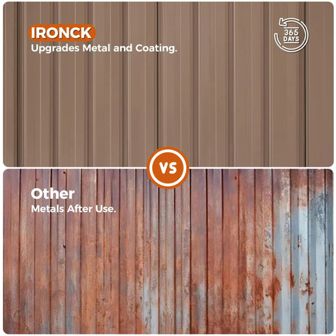 Comparison of metal finishes; top shows weather-resistant IRONCK metal, bottom shows rusted metal, highlighting durability of the 8x6Ft Outdoor Storage Shed With Clear Windows, Lockable Doors, Breathable Vent, And Metal Garden Tool Shed For Poolside, Patio, Backyard, Weatherproof, No-Fuss Access, Brown.