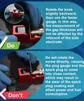 Spark Plug Gap Tool With 32 Blade Steel Feeler Gauge instructions showing correct and incorrect usage, red tool and gloves.