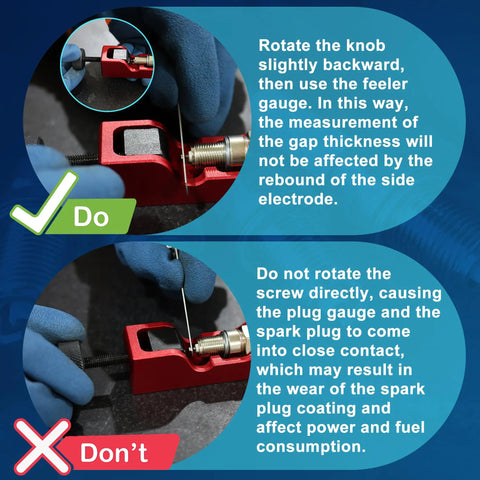 Spark Plug Gap Tool With 32 Blade Steel Feeler Gauge instructions showing correct and incorrect usage, red tool and gloves.