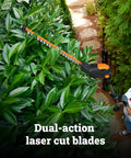 Cordless 20V Hedge Trimmer With 10 Position Adjustable Head, man trimming high hedges and sidewalks