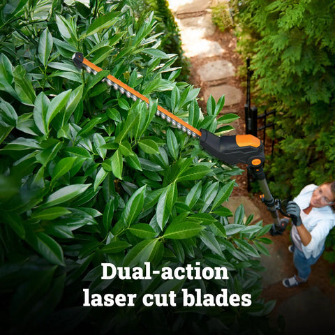 Cordless 20V Hedge Trimmer With 10 Position Adjustable Head, man trimming high hedges and sidewalks