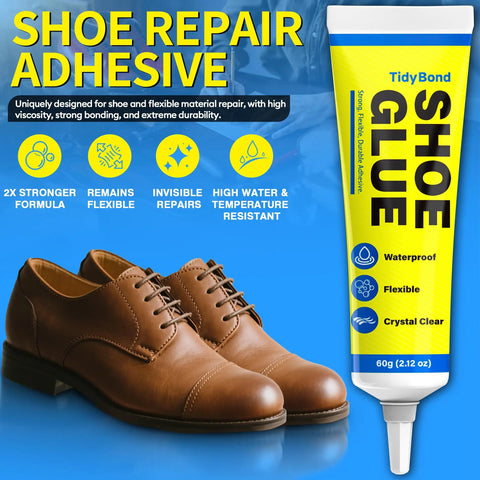 Tube of Ultra Strong Waterproof Shoe Repair Glue Clear Adhesive For Soles And Uppers next to leather shoes on blue background