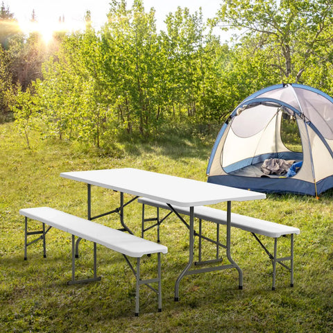 Six Foot Picnic Table Set With Two Benches, Three Piece Folding Outdoor Table And Chair Set For Indoor Or Outdoor Use, smooth white tabletop in a campsite setting.