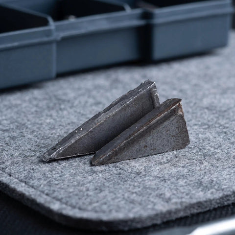 40 Piece Iron Triangle Hammer Wedges For Axe Handle Reinforcement Non Slip Grip And Hardened Durability For Heavy Duty Construction And Felling Tasks Keeps Wooden Handles Tight And Secure, two iron wedges on felt