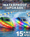 2 Pack Remote Control Boats Featuring 7-Mode LED Lights racing in water, emphasizing waterproof upgrade, 15 KMH high speed visible.