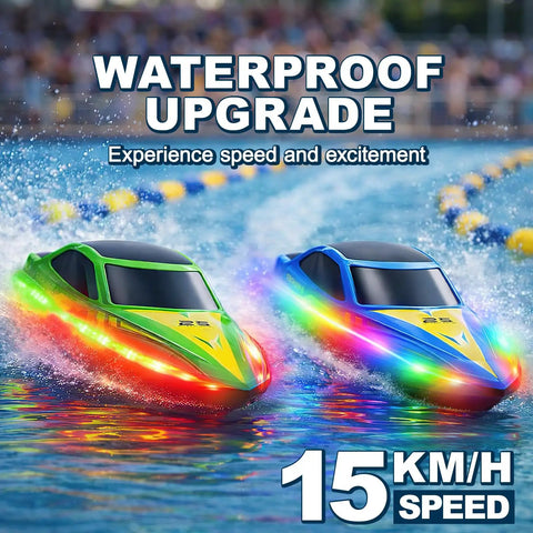 2 Pack Remote Control Boats Featuring 7-Mode LED Lights racing in water, emphasizing waterproof upgrade, 15 KMH high speed visible.