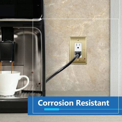 Brushed Brass Stainless Steel Wall Plate 1-Gang Outlet Cover installed in kitchen, showing corrosion resistance.