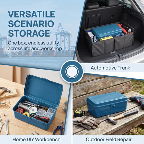 Kickass Vintage Iron Tool Box With Secure Locking Lid And Snappy Quick Access Compartments For Home Mechanic And Car Garage in trunk
