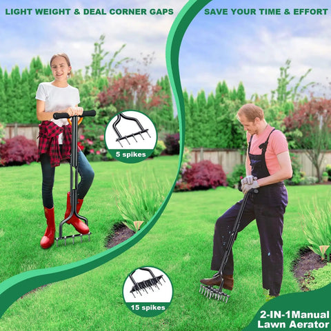 Two In One Manual Spike Aerator With Five And Fifteen Steel Spikes Detachable Foot Pad For Lawn Aeration And Soil Loosening A Versatile Yard Tool For Easy Soil Breakup And Healthier Grass In Any Season used by two people on grass
