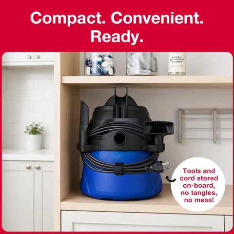 Wet Dry Shop Vac With 3 Gallon Tank And 2.0 Peak HP Motor in blue and black on shelf, cord wrapped, compact storage