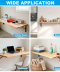 24 Inch Floating Shelf Bracket Set For Garage Heavy Duty Folding Wall Mounted Collapsible Shelves Max Load 330 Lb in various room settings.