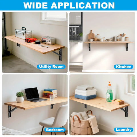 24 Inch Floating Shelf Bracket Set For Garage Heavy Duty Folding Wall Mounted Collapsible Shelves Max Load 330 Lb in various room settings.
